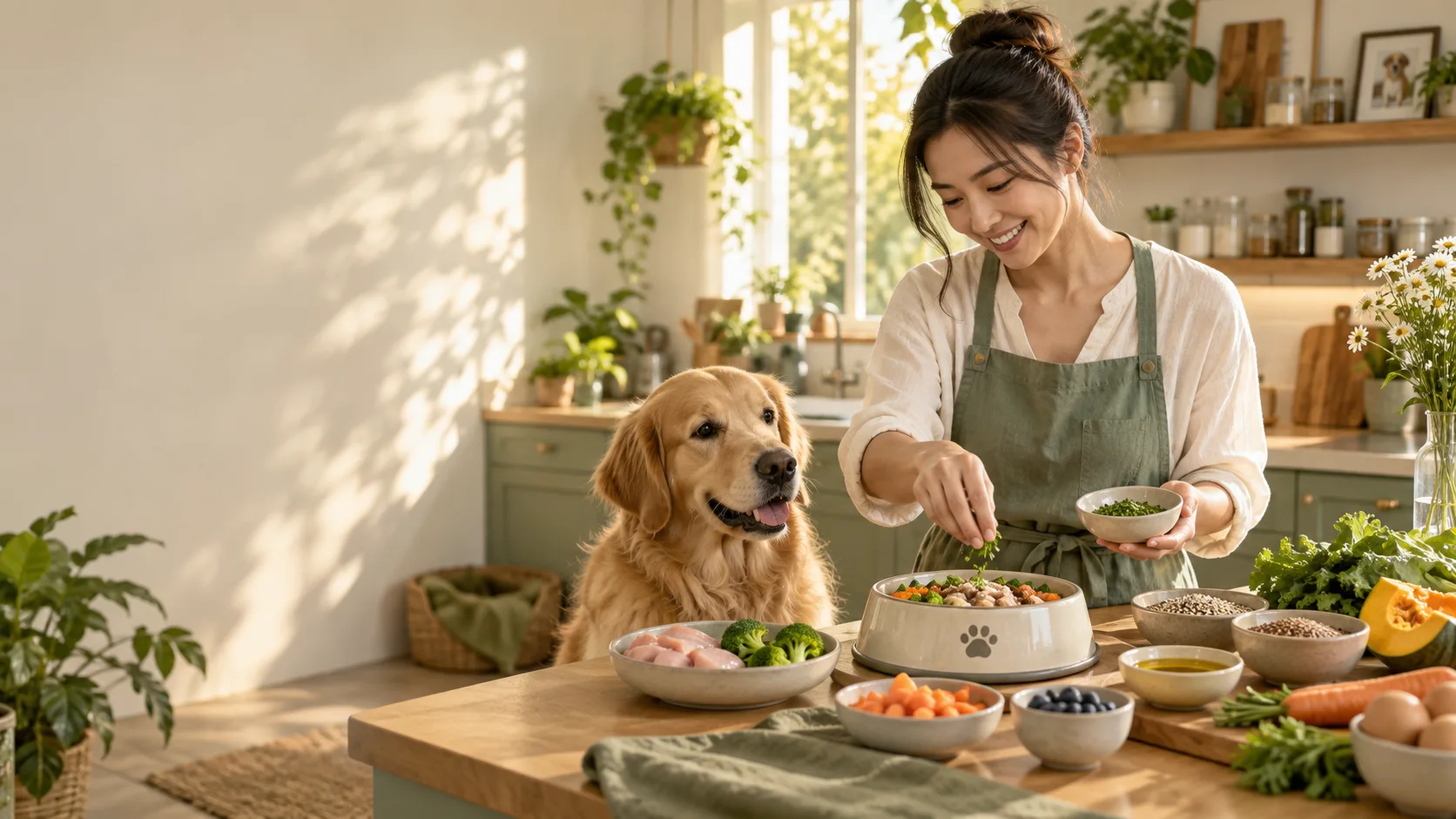 เจ้าของกำลังเตรียมอาหารให้น้องหมาในครัวที่อบอุ่น